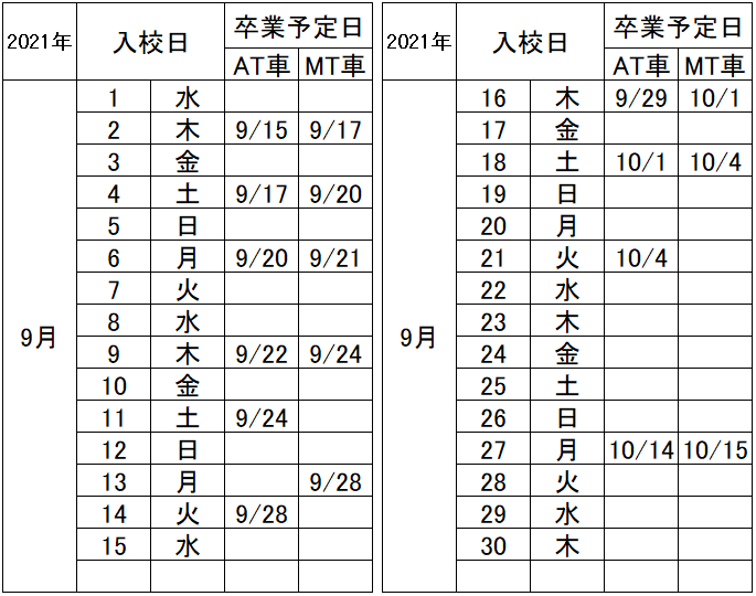 の入校カレンダー9月