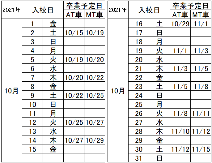 の入校カレンダー10月