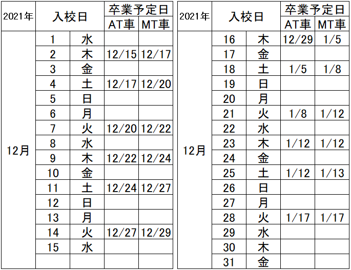 の入校カレンダー12月