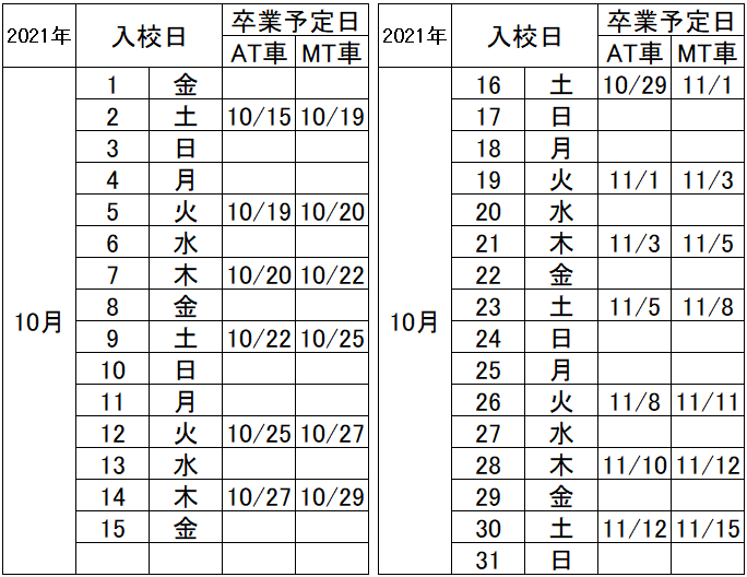 の入校カレンダー10月