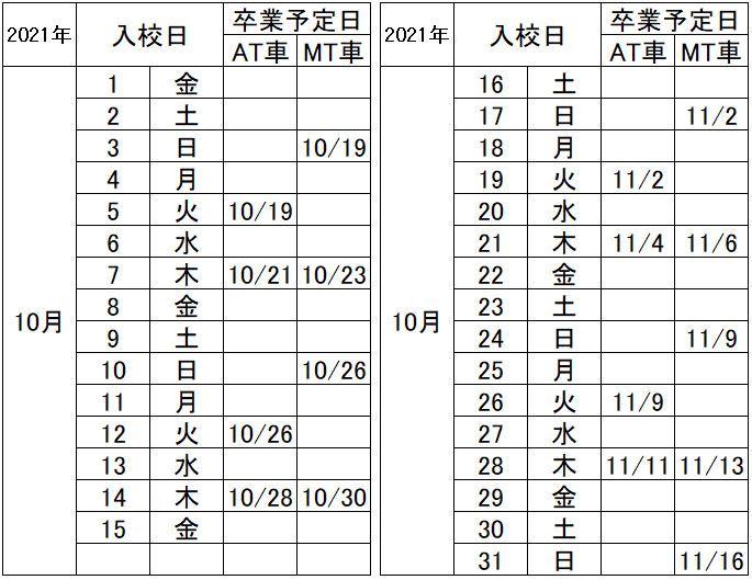 の入校カレンダー10月