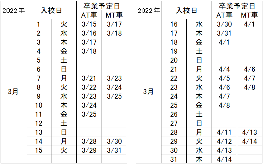 の入校カレンダー3月