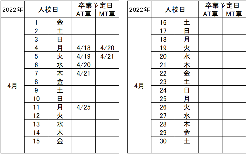 の入校カレンダー4月