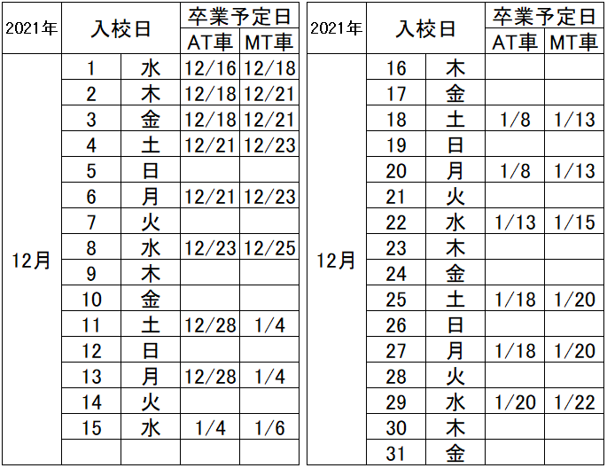 の入校カレンダー12月