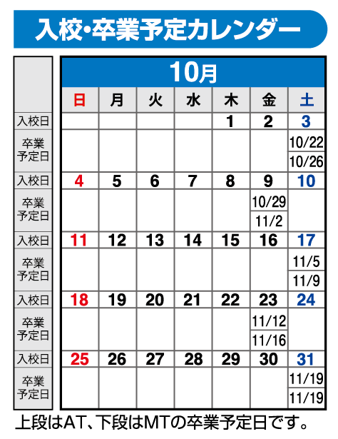 の入校カレンダー10月