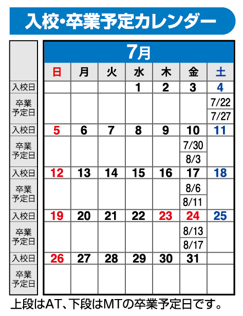 の入校カレンダー7月