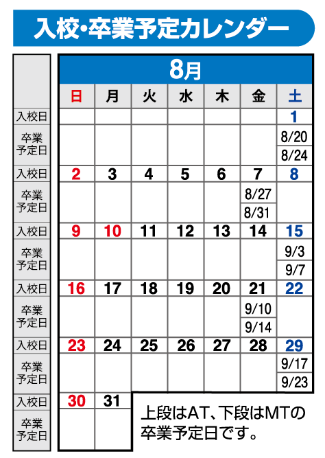 の入校カレンダー8月