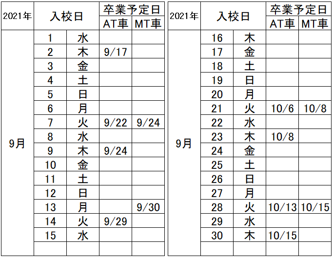 の入校カレンダー9月